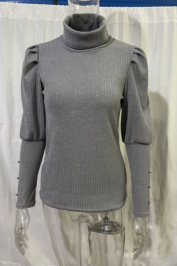 Tops casuales de cuello alto con hebilla sólida y pliegues (3 colores)