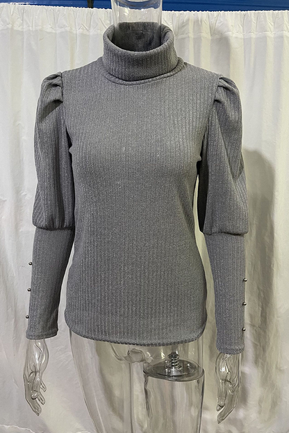 Tops casuales de cuello alto con hebilla sólida y pliegues (3 colores)
