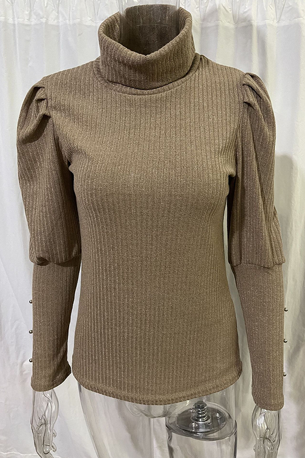 Tops casuales de cuello alto con hebilla sólida y pliegues (3 colores)