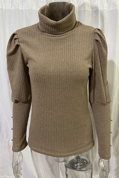 Tops casuales de cuello alto con hebilla sólida y pliegues (3 colores)