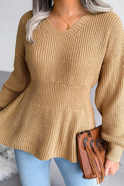 Suéteres casuales de cuello en V con volantes y patchwork liso (3 colores)