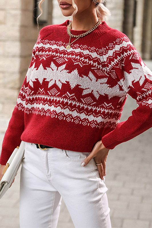 Suéter casual con cuello redondo y contraste de copos de nieve