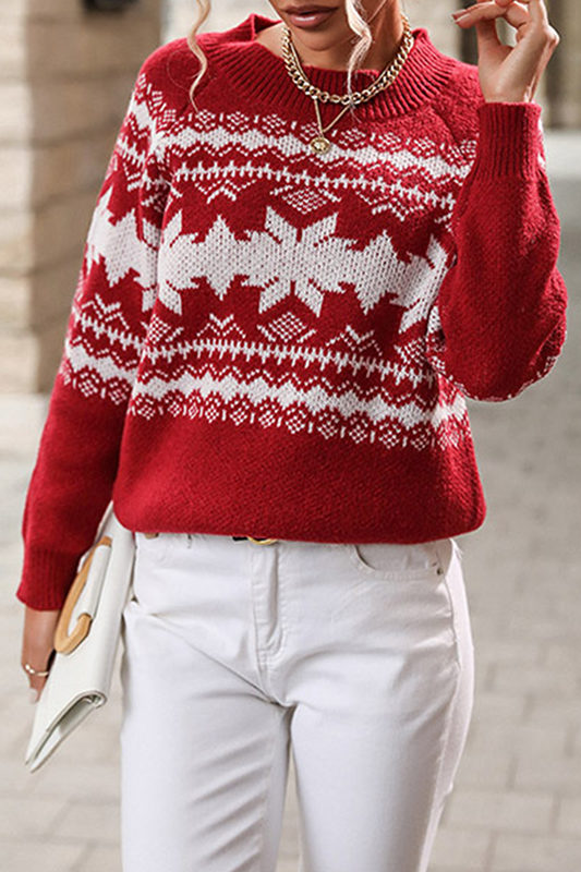 Suéter casual con cuello redondo y contraste de copos de nieve