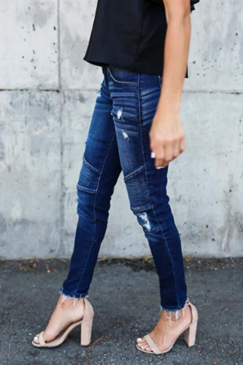 Pantalones casuales de tubo con pliegues y aberturas en la articulación y rotos de patchwork