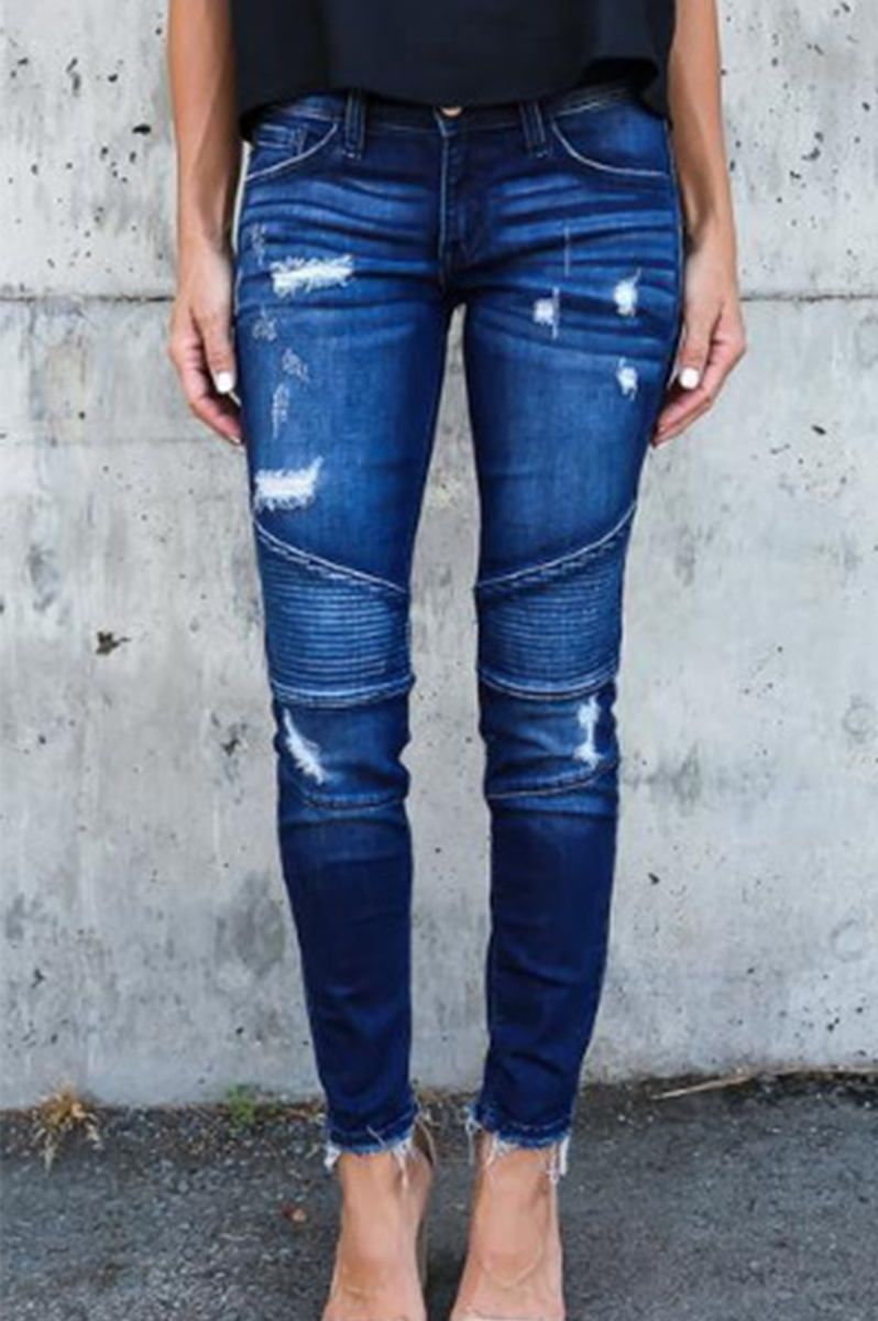 Pantalones casuales de tubo con pliegues y aberturas en la articulación y rotos de patchwork