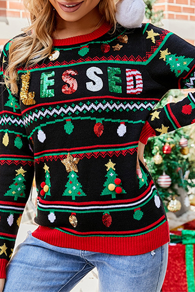 Tops casuales con cuello redondo, estampado de árbol de Navidad y lentejuelas de patchwork