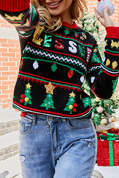Tops casuales con cuello redondo, estampado de árbol de Navidad y lentejuelas de patchwork