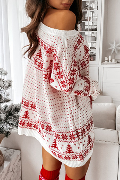 Suéter informal con cuello redondo, estampado de árbol de Navidad y copos de nieve de Wapiti