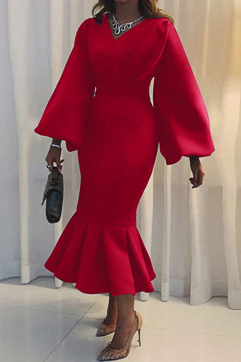 Elegant Solid Patchwork V Neck Evening Dress Dresses(4 Colors))