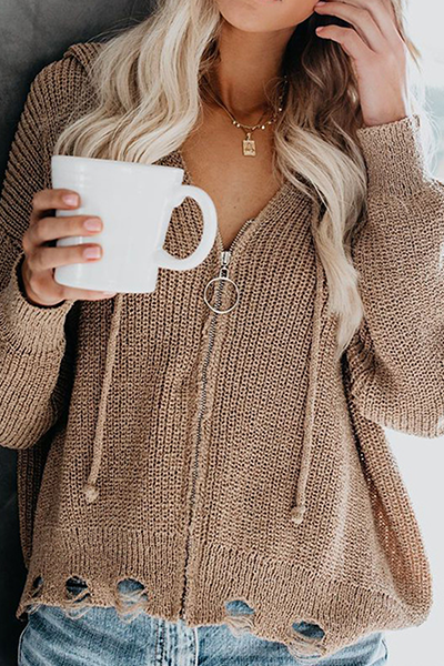 Casual Street Ripped Draw String Zipper Hooded Collar Sweater(6 Colors)