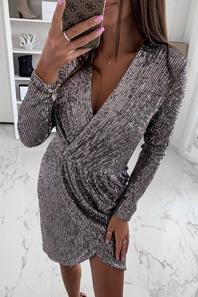 Vestido de noche elegante de moda con cuello en V y parches lisos (8 colores)
