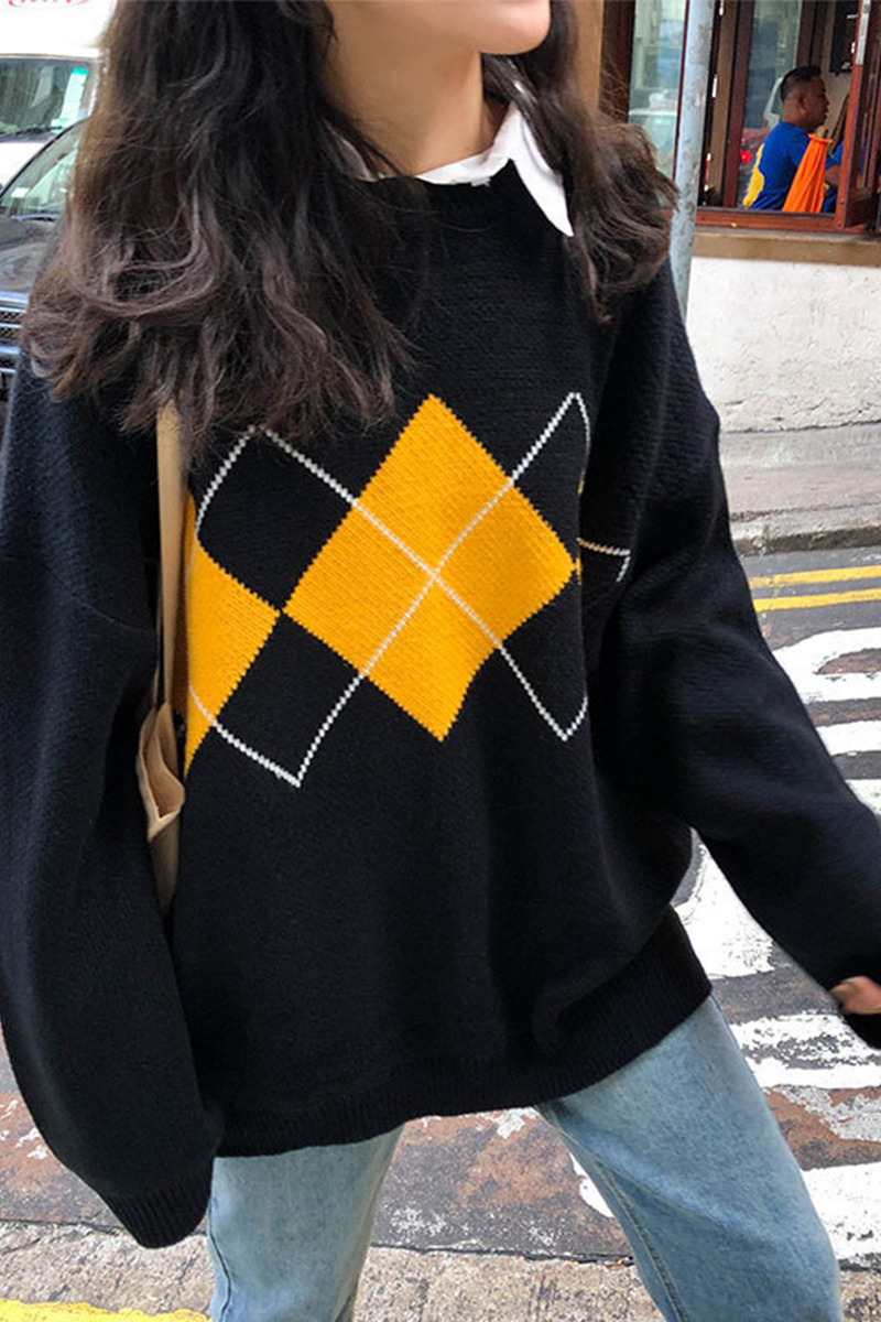 Suéter informal con cuello redondo y diseño de patchwork geométrico en contraste (3 colores)