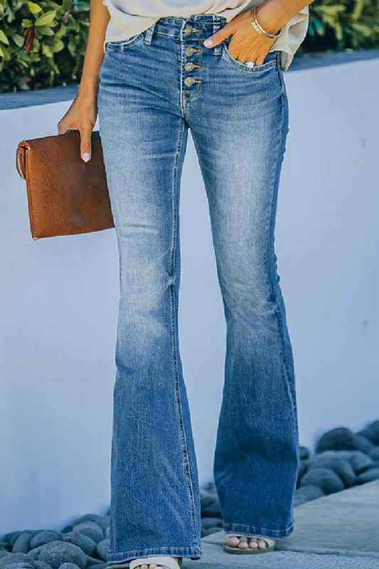 Pantalones casuales de moda con botones sólidos, básicos, corte de bota, cintura media