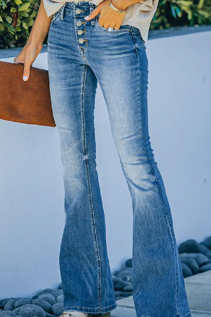Pantalones casuales de moda con botones sólidos, básicos, corte de bota, cintura media