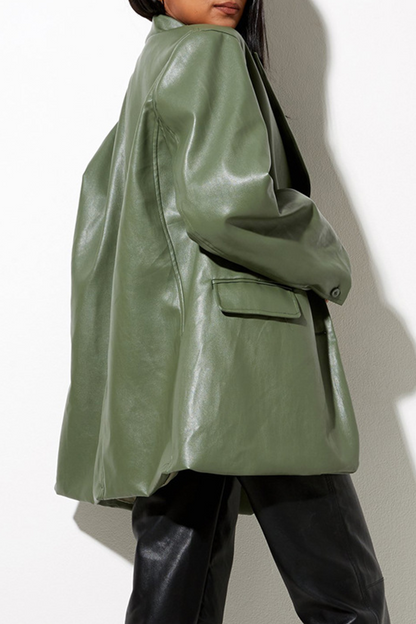 Fashion Elegant Solid Pocket Buckle Turn-back Collar Outerwear