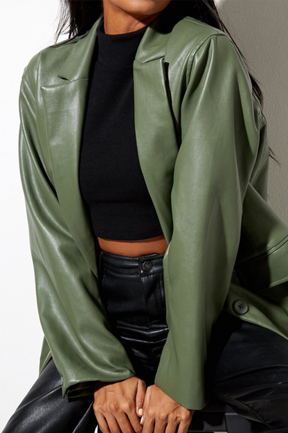 Fashion Elegant Solid Pocket Buckle Turn-back Collar Outerwear