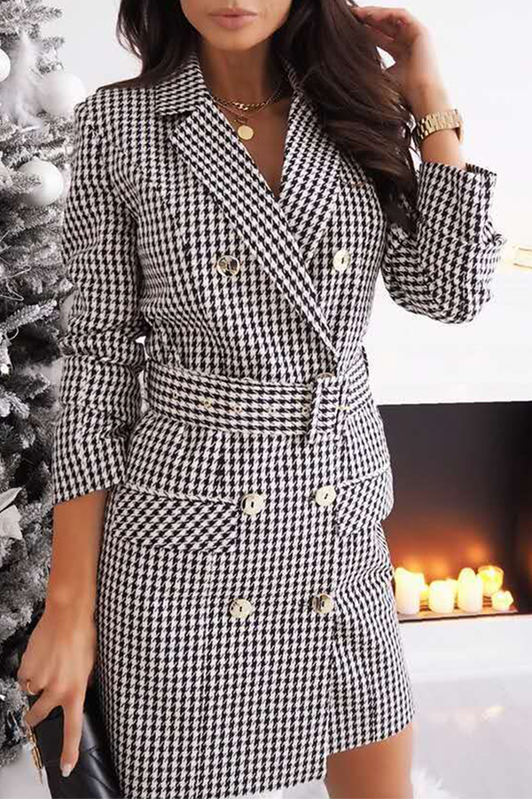 Vestidos elegantes de moda con hebilla estampada y cinturón con cuello vuelto