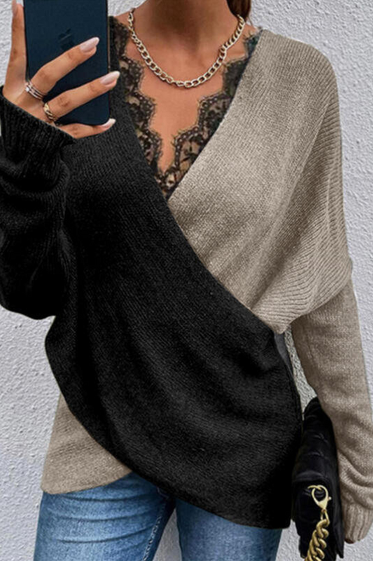 Suéteres casuales de cuello en V con contraste de encaje y patchwork (3 colores)