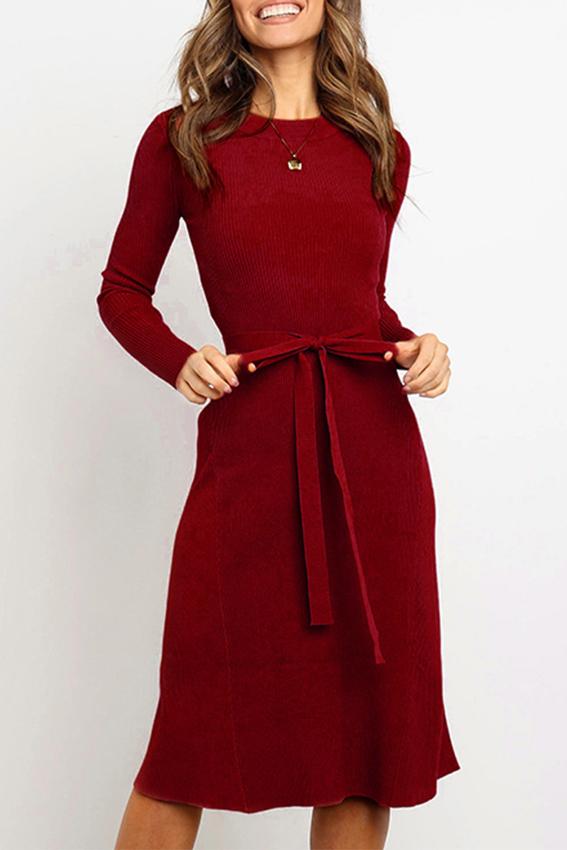 Vestidos casuales de moda sólidos básicos con cinturón y cuello redondo