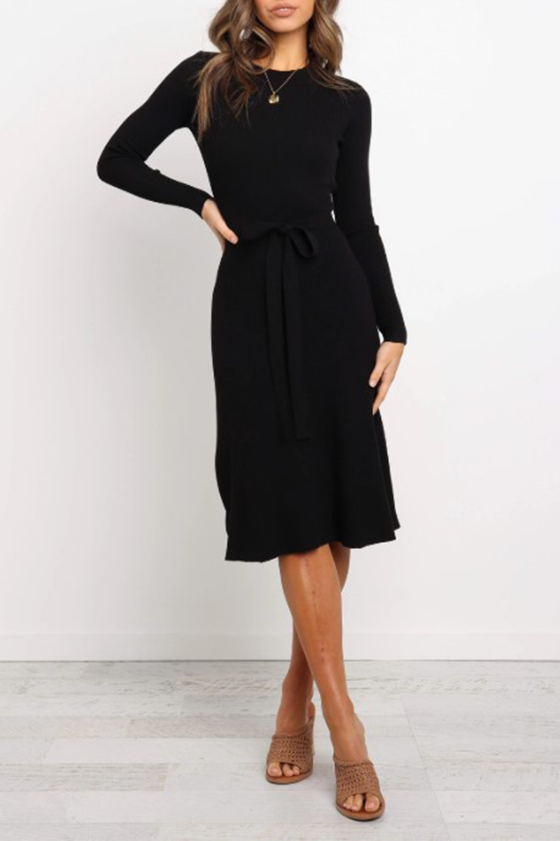Vestidos casuales de moda sólidos básicos con cinturón y cuello redondo