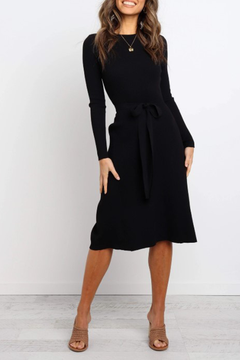 Vestidos casuales de moda sólidos básicos con cinturón y cuello redondo