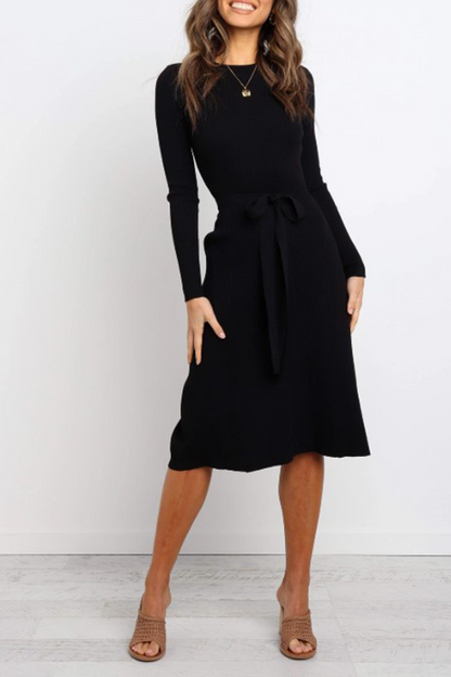 Vestidos casuales de moda sólidos básicos con cinturón y cuello redondo