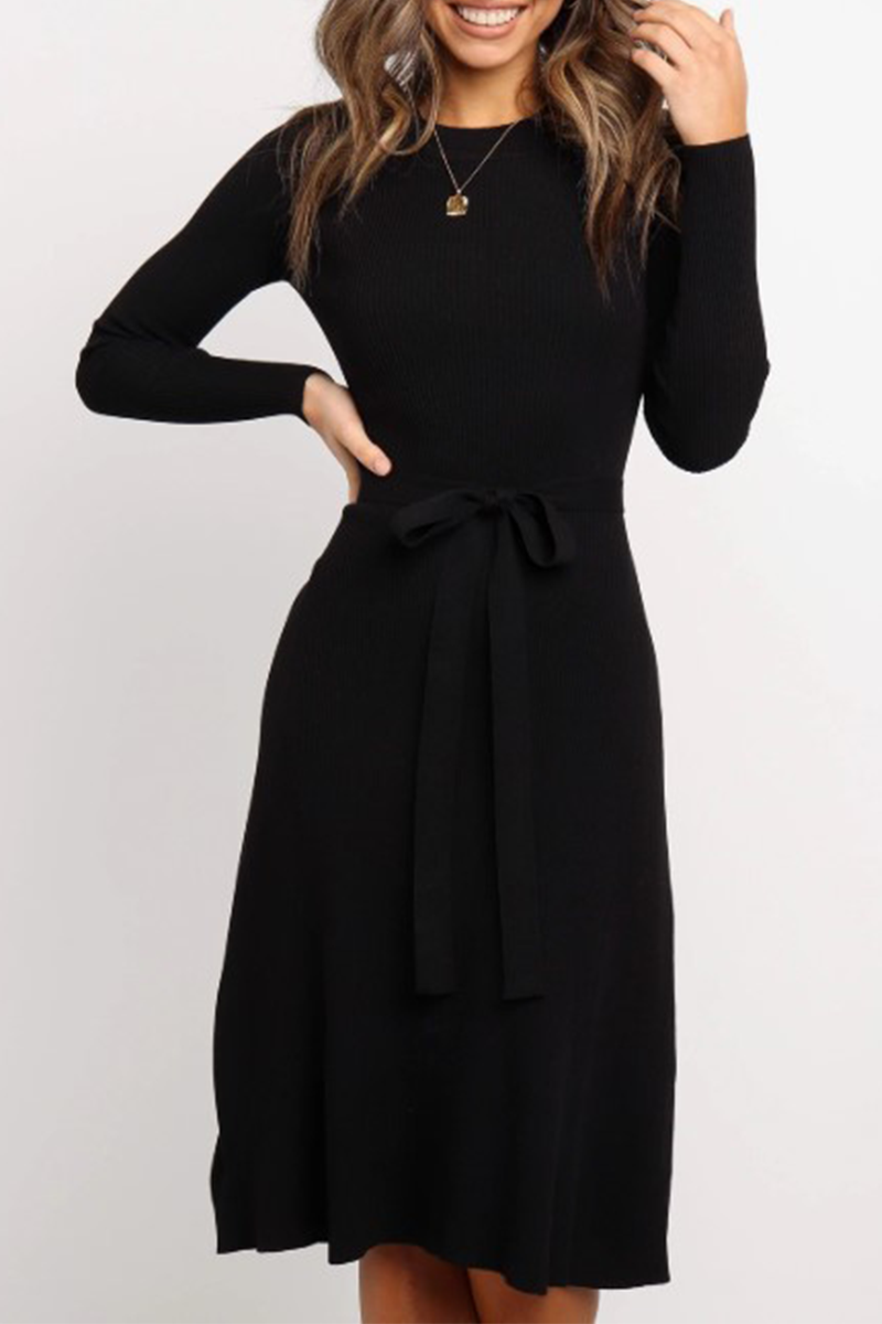Vestidos casuales de moda sólidos básicos con cinturón y cuello redondo
