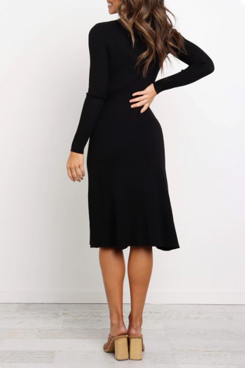 Vestidos casuales de moda sólidos básicos con cinturón y cuello redondo