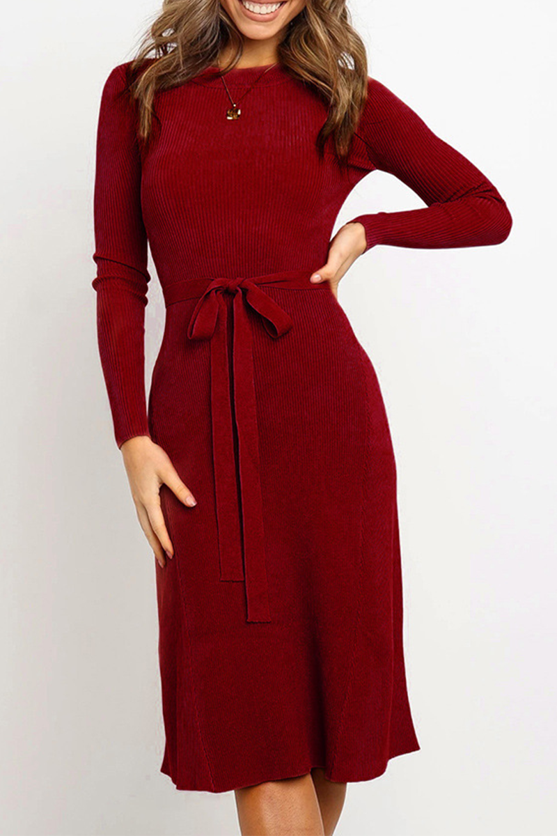 Vestidos casuales de moda sólidos básicos con cinturón y cuello redondo