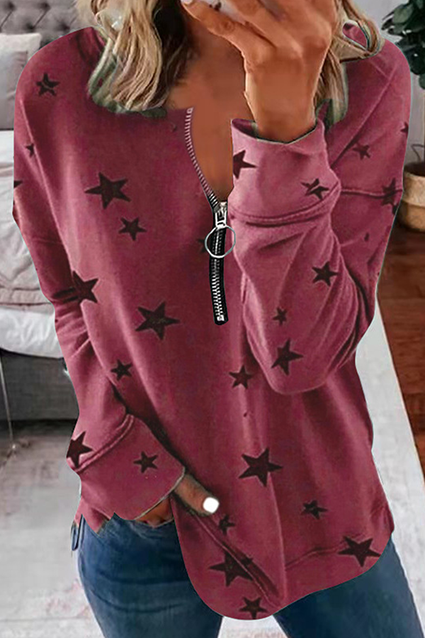 Sudadera con capucha informal con cuello y cremallera y estampado de estrellas (8 colores)
