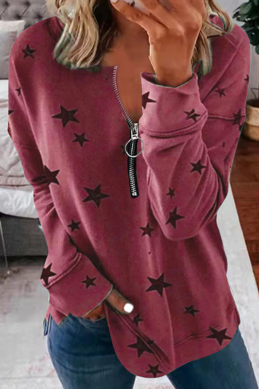 Sudadera con capucha informal con cuello y cremallera y estampado de estrellas (8 colores)