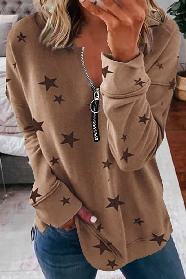 Sudadera con capucha informal con cuello y cremallera y estampado de estrellas (8 colores)