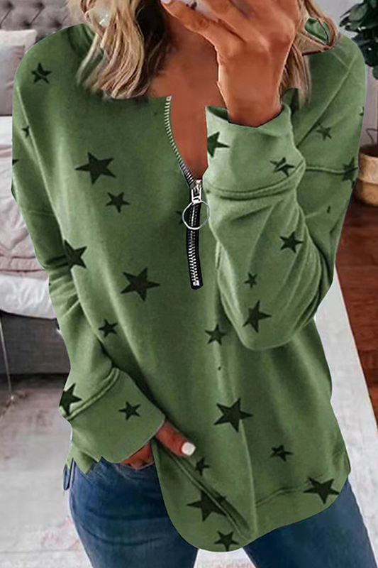 Sudadera con capucha informal con cuello y cremallera y estampado de estrellas (8 colores)