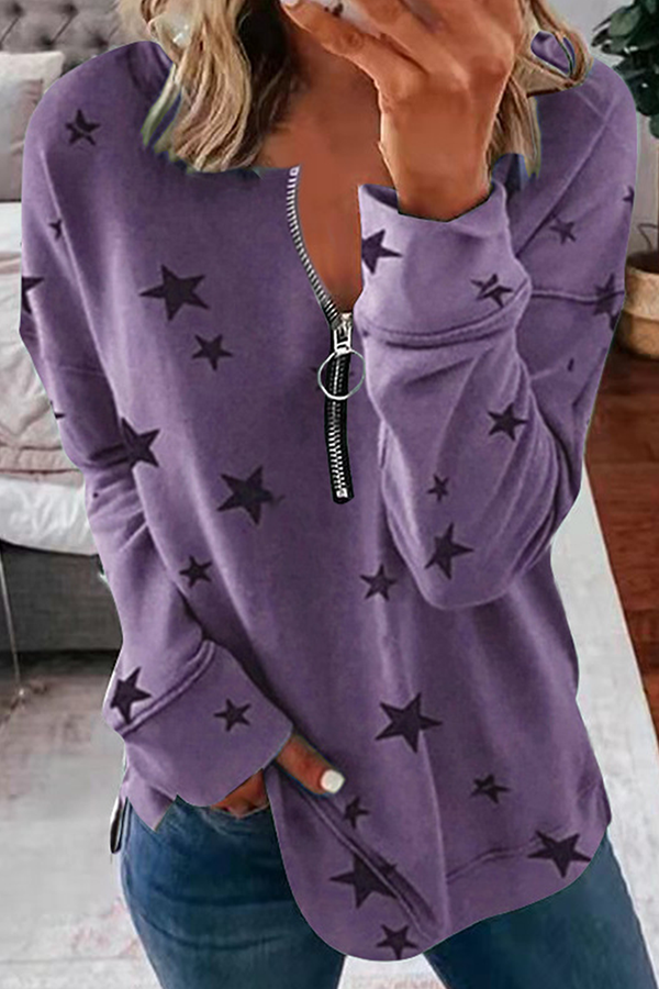 Sudadera con capucha informal con cuello y cremallera y estampado de estrellas (8 colores)