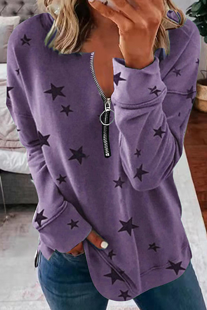 Sudadera con capucha informal con cuello y cremallera y estampado de estrellas (8 colores)