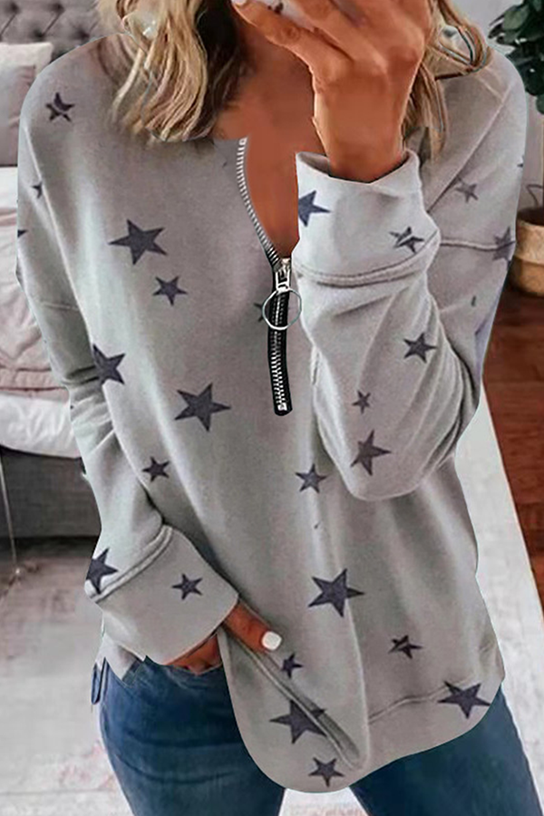 Sudadera con capucha informal con cuello y cremallera y estampado de estrellas (8 colores)