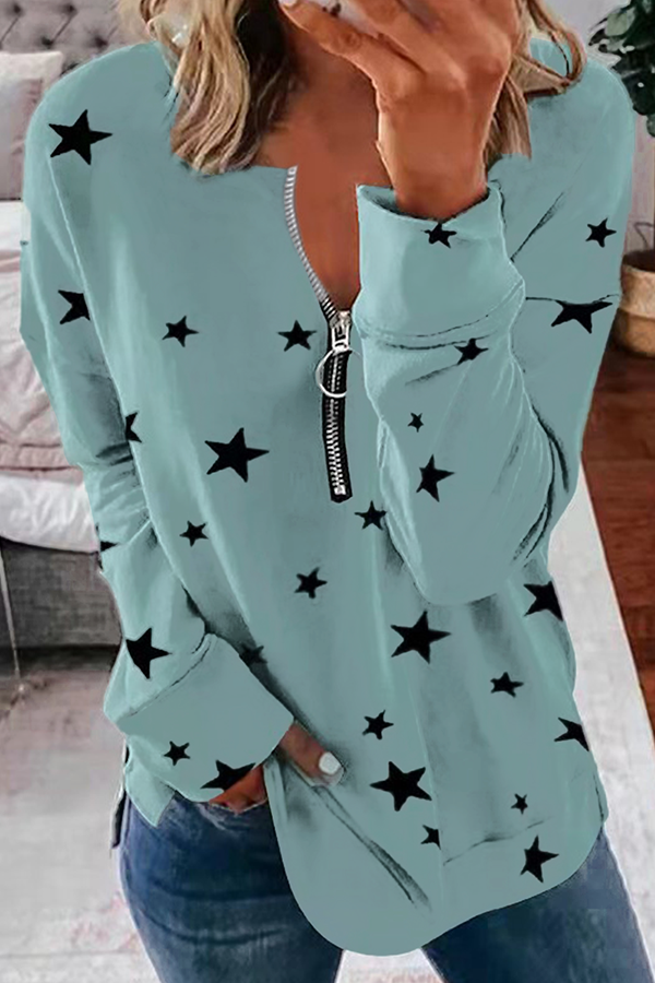 Sudadera con capucha informal con cuello y cremallera y estampado de estrellas (8 colores)