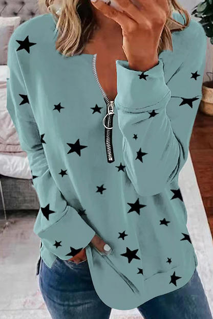 Sudadera con capucha informal con cuello y cremallera y estampado de estrellas (8 colores)
