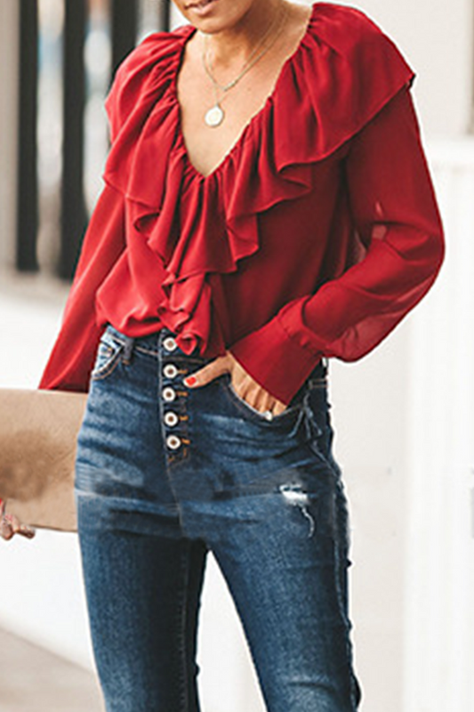 Blusas elegantes de moda con cuello en V, volantes y patchwork liso (3 colores)