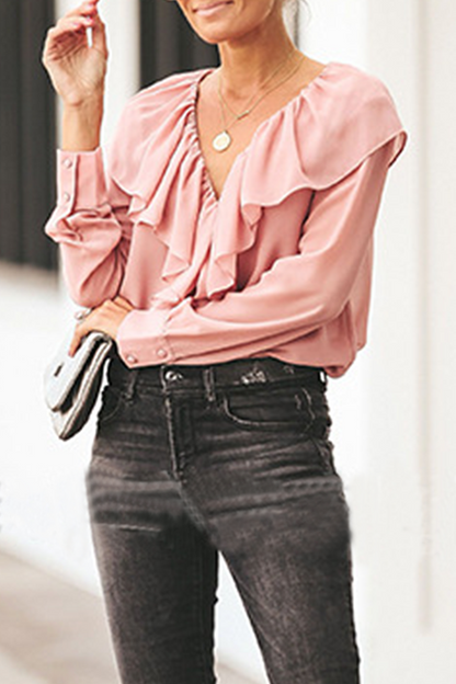 Blusas elegantes de moda con cuello en V, volantes y patchwork liso (3 colores)