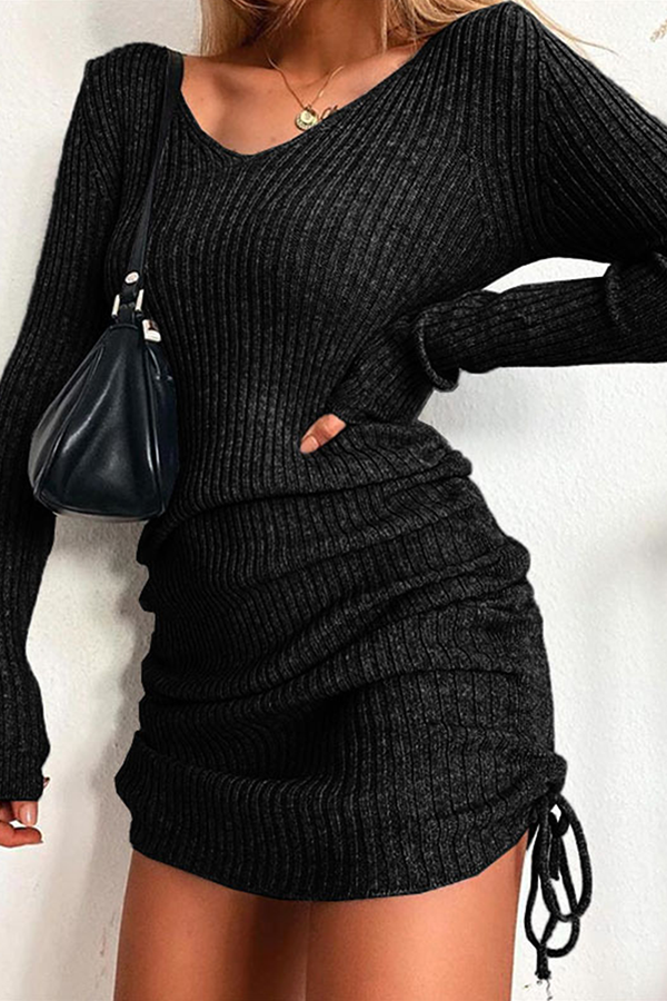 Vestidos elegantes de moda con falda lápiz con cuello en V y cordón ajustable de color sólido