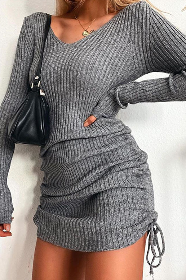 Vestidos elegantes de moda con falda lápiz con cuello en V y cordón ajustable de color sólido