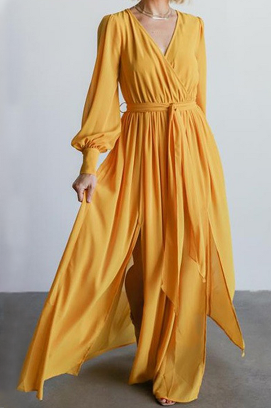 Vestidos elegantes de moda con abertura sólida y cinturón en el cuello en V (5 colores)