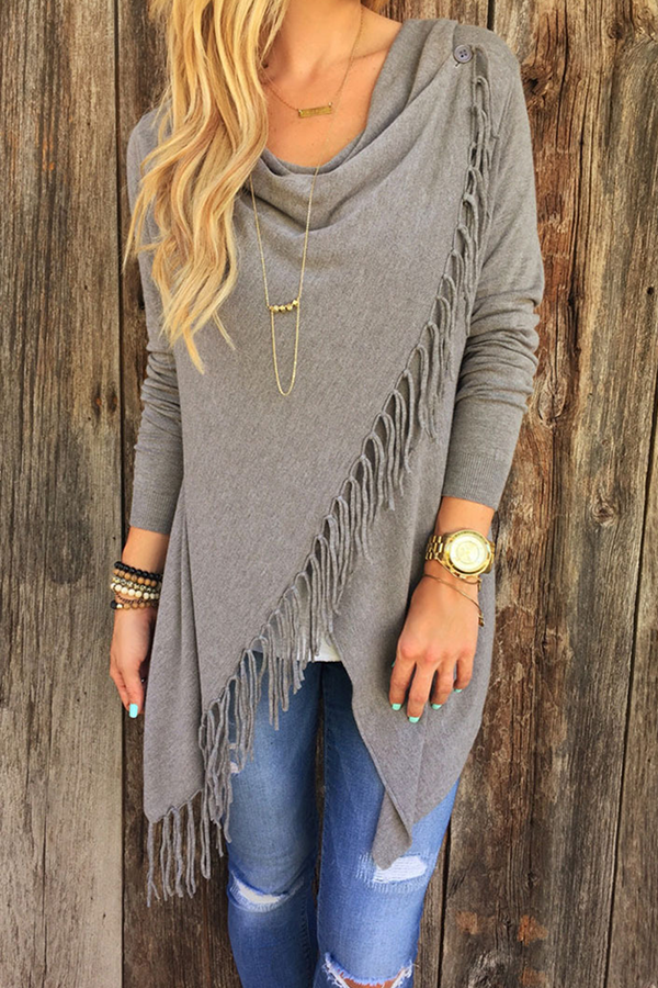 Blusa informal con cuello asimétrico, abertura y borlas lisas (5 colores)