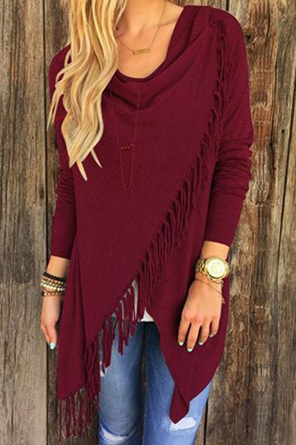 Blusa informal con cuello asimétrico, abertura y borlas lisas (5 colores)