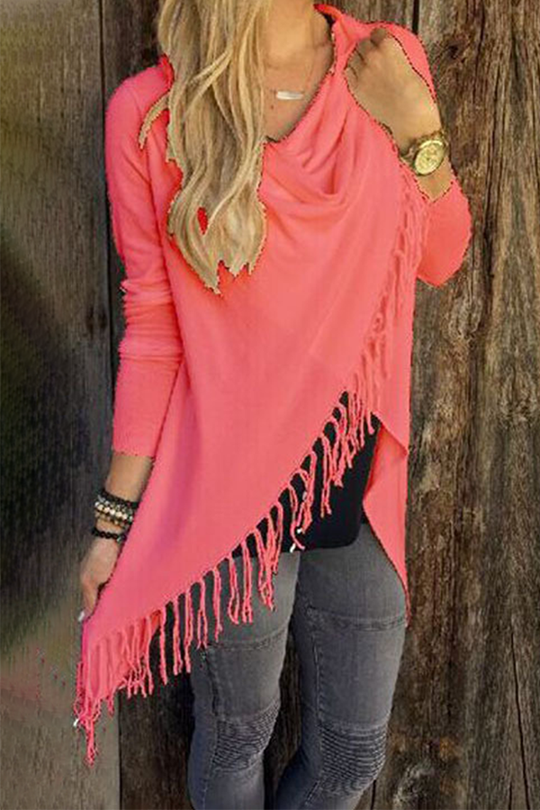 Blusa informal con cuello asimétrico, abertura y borlas lisas (5 colores)