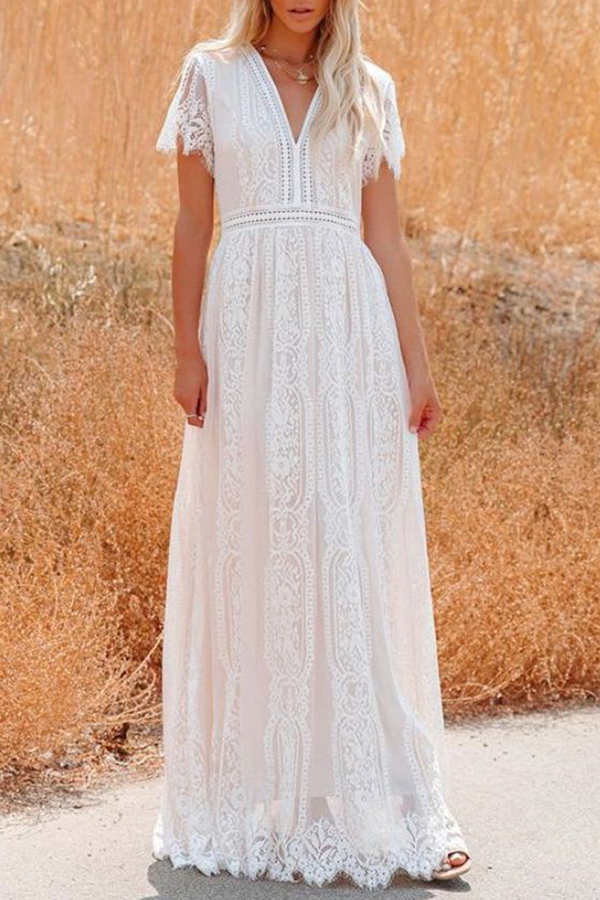 Vestidos elegantes de moda con encaje sólido y escote en V dividido en forma de A
