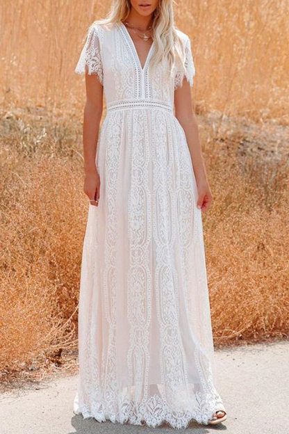Vestidos elegantes de moda con encaje sólido y escote en V dividido en forma de A