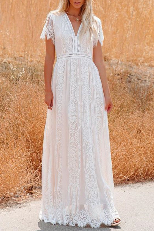 Vestidos elegantes de moda con encaje sólido y escote en V dividido en forma de A