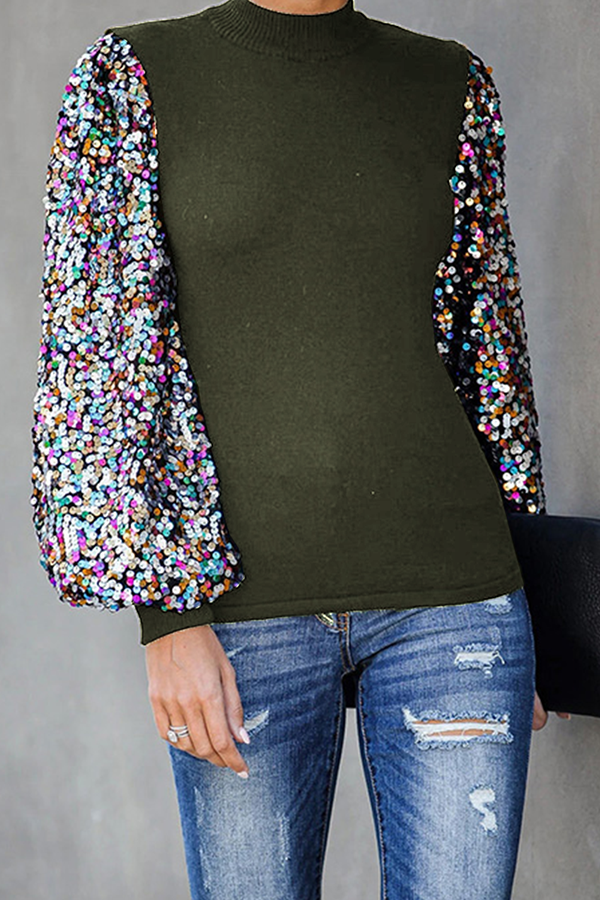 Tops casuales de moda con cuello alto y lentejuelas de patchwork (6 colores)